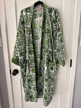 Pacific & Rose Block Prints Green & White Cotton Kimono NWT